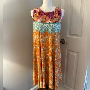 Julian Taylor Floral knee length A Line dress. Size 12 orange/white/turquoise